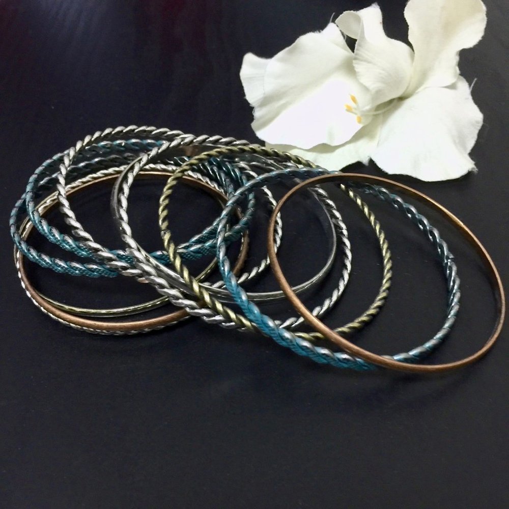 Stacking Bangles in Blue, Silver, Copper & Brass